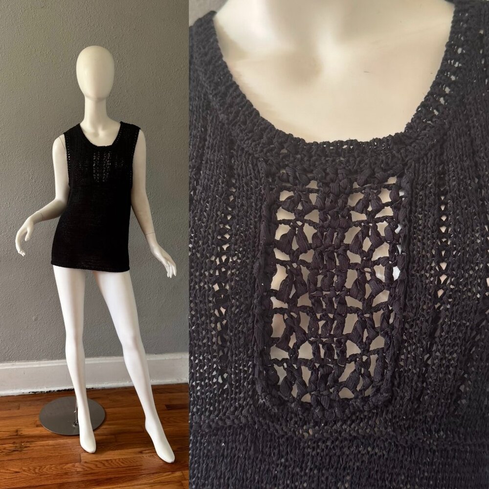 Vintage 90s Black Knit Boho Sleeveless Sweater Top M/L